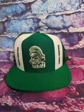 VINTAGE RARE Michigan State Spartans AJD Lucky Stripes Baseball Trucker Hat NOS